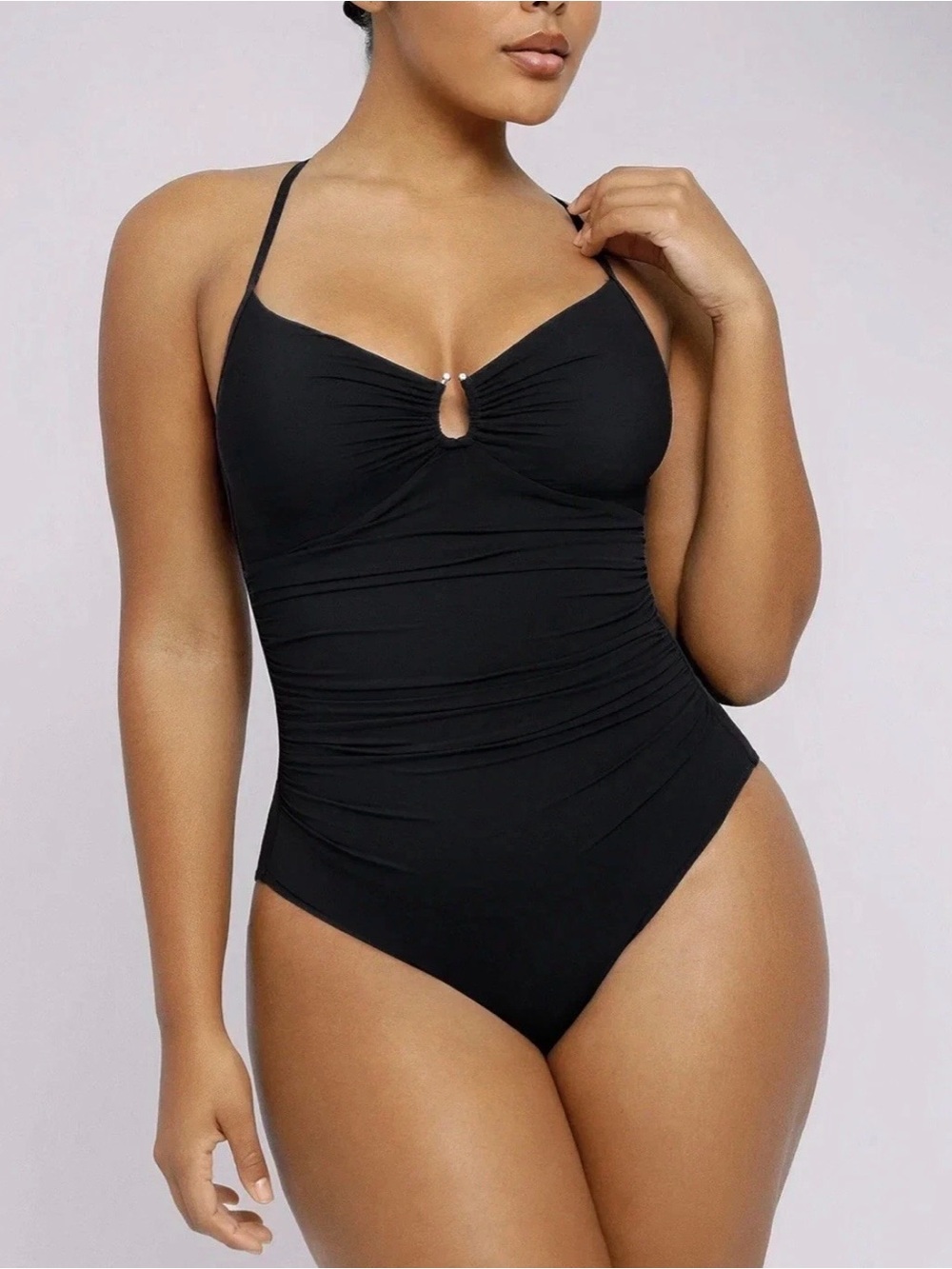 Ruched Black One-Piece Swimsuit with Keyhole Accent